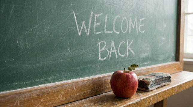Welcome back written on green school chalkboard with red apple