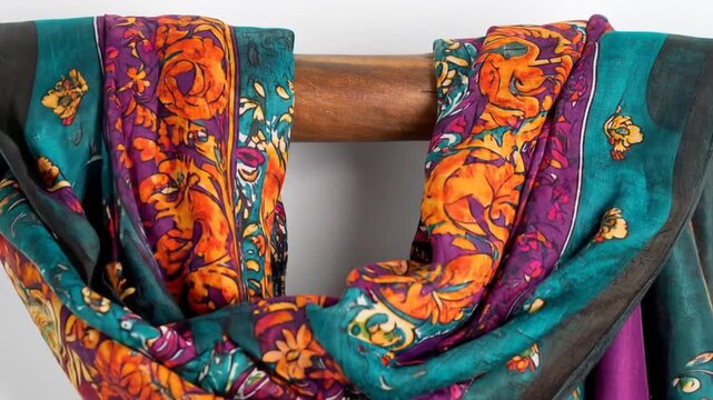Close-up of a colorful, patterned scarf draped over a wooden rod against a white background