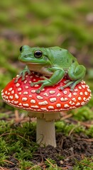 Naklejka premium Vibrant Green Frog Perched on a Red and White Spotted Mushroom in a Lush Forest Setting.
