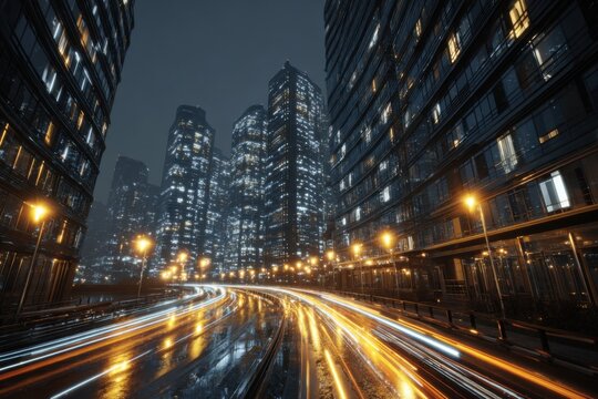 City illuminated by modern buildings at night, showcasing vibrant street lights and reflective roads in a smart urban environment