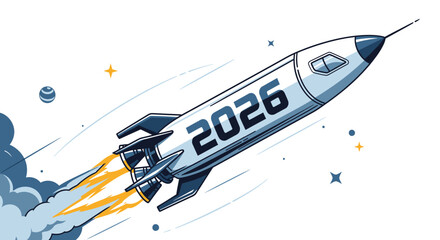 Blast off to 2026 with this vibrant, modern rocket illustration full of potential