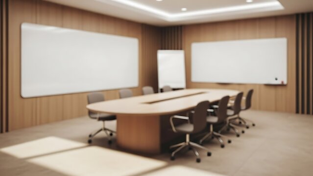 Blurred modern corporate meeting room interior with large oval table, chairs, and whiteboards ready for business.