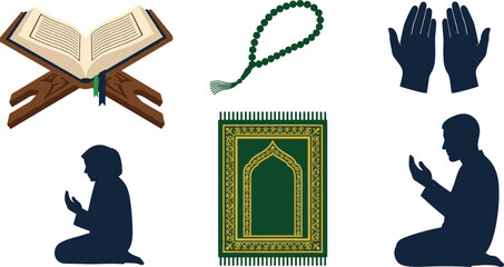 Islamic prayer items including quran prayer rug prayer beads and silhouettes of people praying