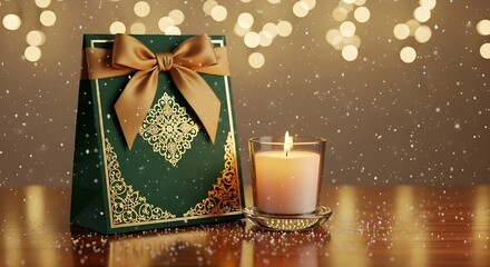 Luxury emerald gift bag and candle with falling snow and golden bokeh in a premium holiday scene