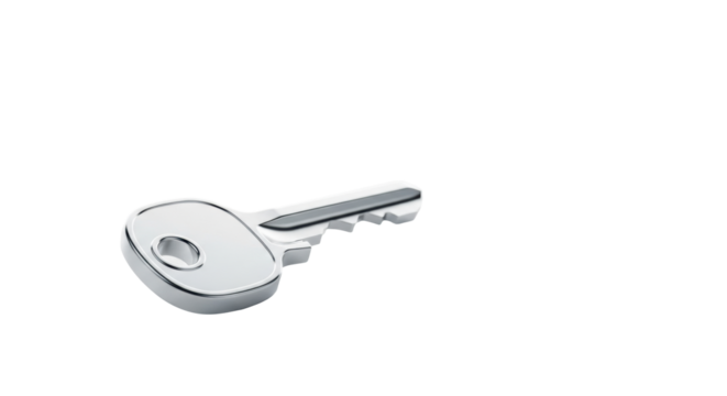 Sleek, pristine metallic silver abstract key on a flawless transparent studio surface, with soft studio lighting and elegant shadows, empowering symbol of unlocking opportunities