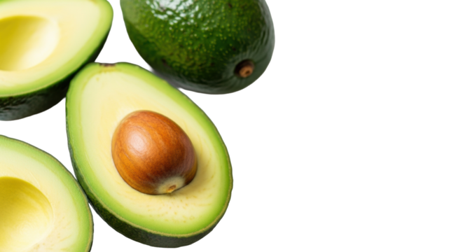 Vibrant green halved avocado with creamy flesh and brown pit next to a whole one, on a pristine light surface with copy space, soft diffused light. Concept of wholesome nutrition and healthy living