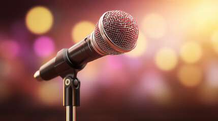 Obraz premium A studio microphone isolated on a bright yellow background, presented in a clean and minimalist product showcase.