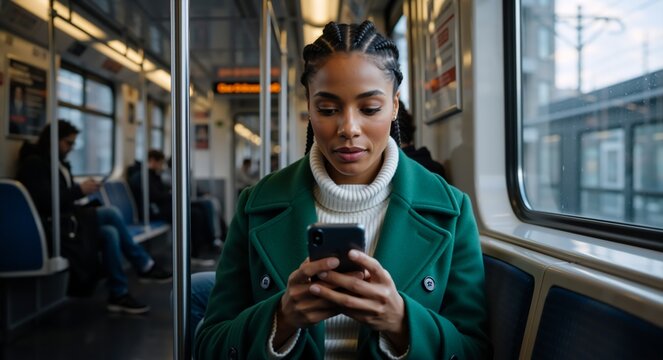 A black woman using a smartphone on a public train. Female passenger commuting and browsing her mobile phone on the subway. Urban connectivity and technology concept