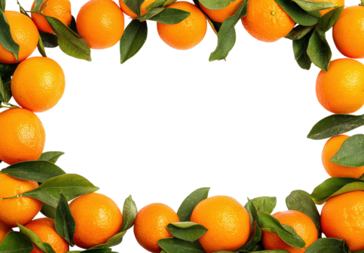 A row of oranges with green leaves surrounding them, isolated on a transparent background