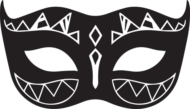 Black masquerade mask with white decorative patterns and eye holes