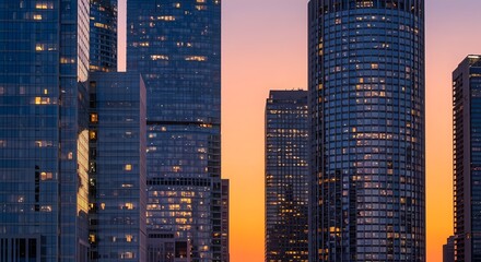 Sunset cityscape with glass skyscrapers reflecting warm orange sky and modern urban architecture.