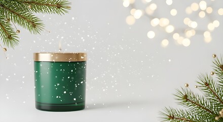 Luxury emerald candle with gold lid and soft snowfall bokeh in a premium Christmas studio scene