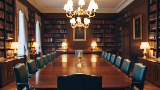 Elegant traditional boardroom with a long polished wooden table, leather chairs, and bookshelves filled with books.