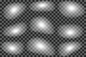 Set of white lens flare effects abstract light spots for photography and design isolated on transparent background EPS vector