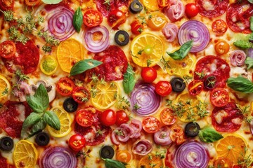 Colorful pizza topped with a variety of fresh vegetables, meats, and herbs creates a vibrant display of flavors and textures