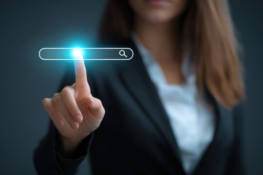 Businesswoman engaged in searching for information using a digital interface with an interactive search bar on a dark background