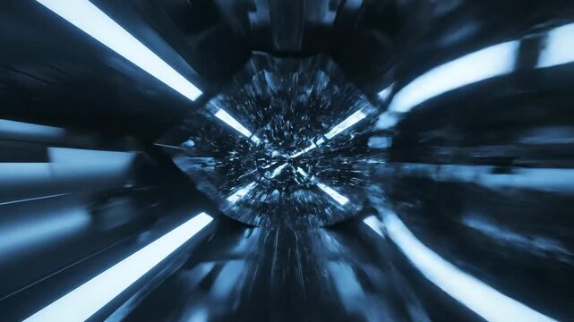 A large, polished chrome sphere gaining velocity as it flows through a narrow, dark, geometric tunnel, illustrating unstoppable forward momentum unstoppable forward momentum, engineering, technology