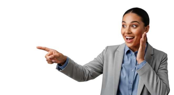 Young diverse gender-neutral professional in smart-casual, wide-eyed & smiling, expressing positive surprise, gesturing left on soft grey studio background. Concept of innovation