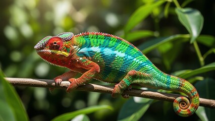 Fototapeta premium Colorful Panther Chameleon on Branch, Vibrant Scales, Close-up Wildlife Portrait, Madagascar Reptile.