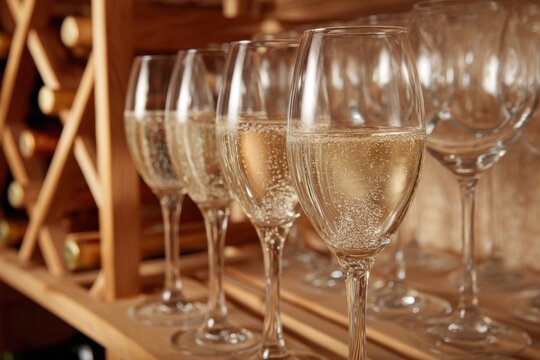 Sparkling wine glasses arranged on a wooden shelf create an elegant display for a gathering or celebration setting