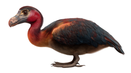Isolated image of a rodriguez solitaire bird with red neck and dark feathers on black background