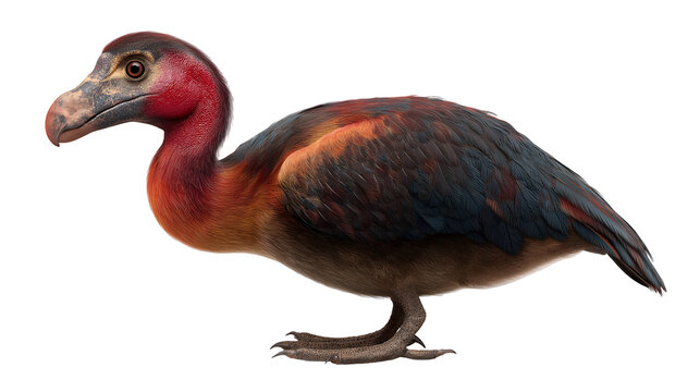 Isolated image of a rodriguez solitaire bird with red neck and dark feathers on black background