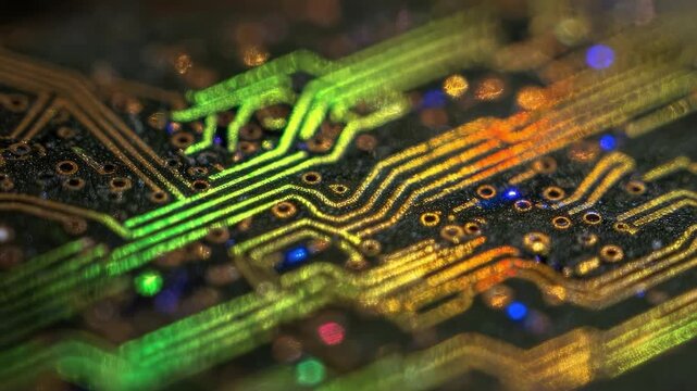 Close-up of a printed circuit board (PCB) with intricate green and gold circuit traces and vias.