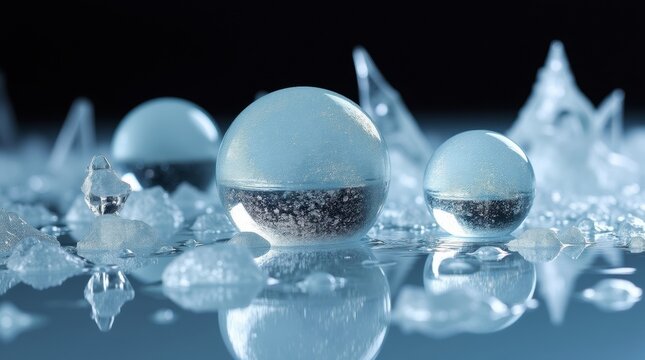 Macro shot of translucent ice formations with dark granular material inside