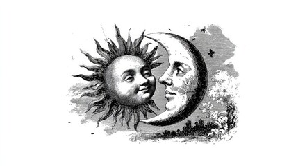 Vintage etching of sun and moon facing each other in classic engraved illustration style