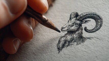 Detailed hand-drawn ink illustration of Aries ram head being sketched with pencil