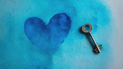 Blue watercolor heart with vintage metal key symbolizing love and mystery