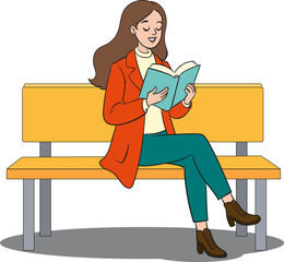vector illustration of woman sitting on bench reading book