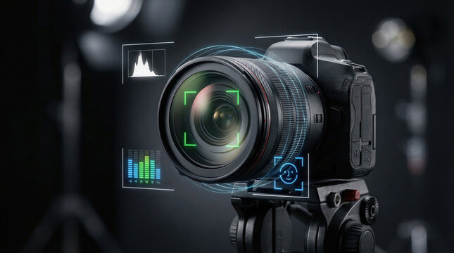 Modern digital camera with focus and exposure settings displayed on screen