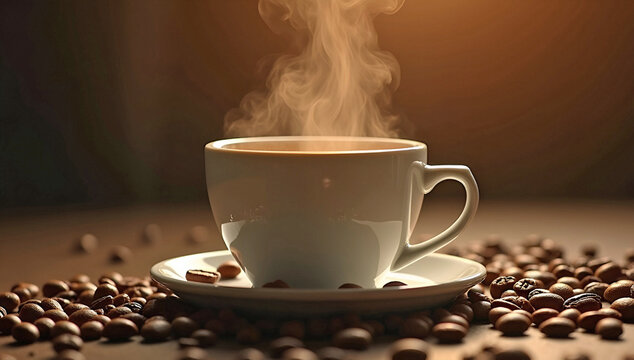 steaming hot coffee in a white cup surrounded by roasted beans