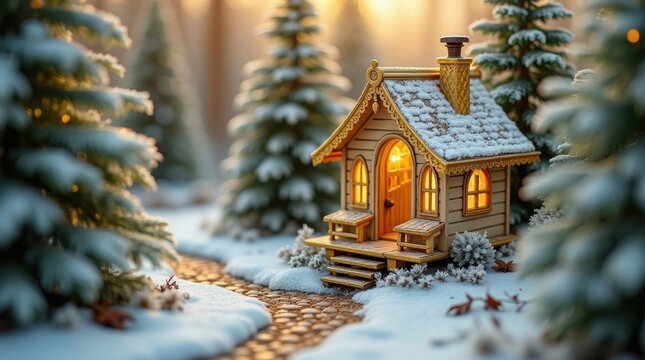 Cozy wooden cabin in a snowy forest with warm light - Powered by Adobe