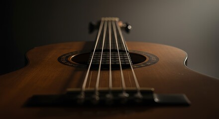 Low angle studio shot of an acoustic guitar, strings, body, soundhole, and tuning pegs