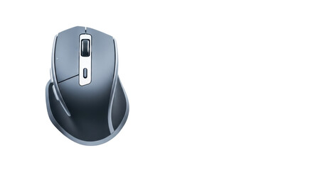 Sleek dark grey wireless computer mouse with metallic accents, ergonomic curves, isolated on transparent surface with copy space, top-down view, concept of modern productivity