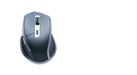 Sleek dark grey wireless computer mouse with metallic accents, ergonomic curves, isolated on transparent surface with copy space, top-down view, concept of modern productivity