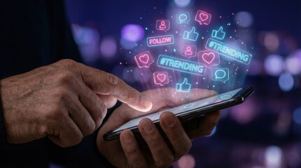 Social media engagement concept with smartphone and glowing icons