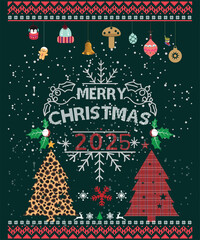 Merry christmas 2025 greeting with festive trees and ornaments on dark background