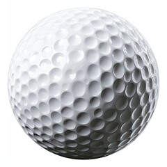 A close-up view of a pristine white golf ball with dimples