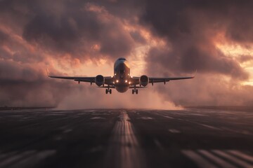 Naklejka premium Airplane takes off against a dramatic sky at sunset near an airport runway with clouds and mist creating a stunning atmosphere