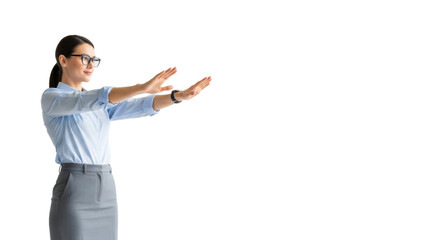 Professional adult in smart casual, hands extended forward, palms open, on a transparent studio background with copy space. Concept of business innovation and leadership