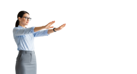Professional adult in smart casual, hands extended forward, palms open, on a transparent studio background with copy space. Concept of business innovation and leadership