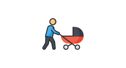 Man pushing baby stroller father walking with a pram on a stroll parenting and family life concept for modern lifestyle and childhood memories.