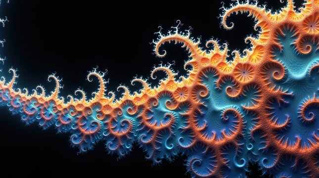 Abstract fractal pattern with vibrant orange and blue colors on a black background