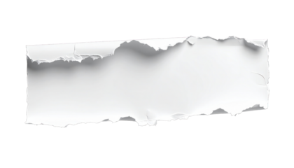 Torn white paper strip with uneven edges and shadow on a stark black background