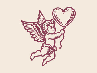 Cupid with heart balloon vintage engraving vector illustration