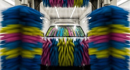 Car wash: vehicle cleansing with colorful brushes in motion for automotive service advertising