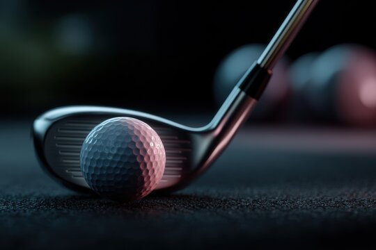 Golf club and ball resting on a dark surface, highlighting the precision and focus of the game, perfect for enthusiasts practicing their swing